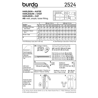 BURDA Carnival Sewing Pattern Pattern 2524 Kids Costume Pattern Harlequin & Cat