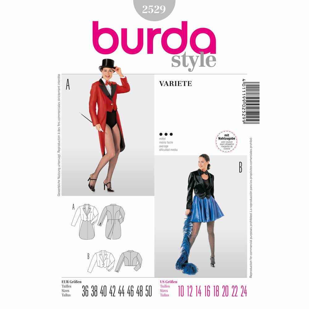 BURDA Carnival Sewing Pattern Pattern 2529 Adult Costume Pattern Variety