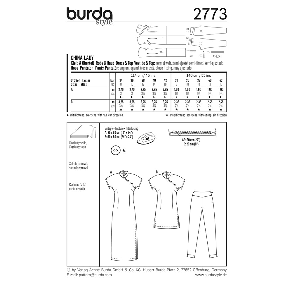 BURDA Carnival Sewing Pattern Pattern 2773 Womens Costume Pattern China Lady