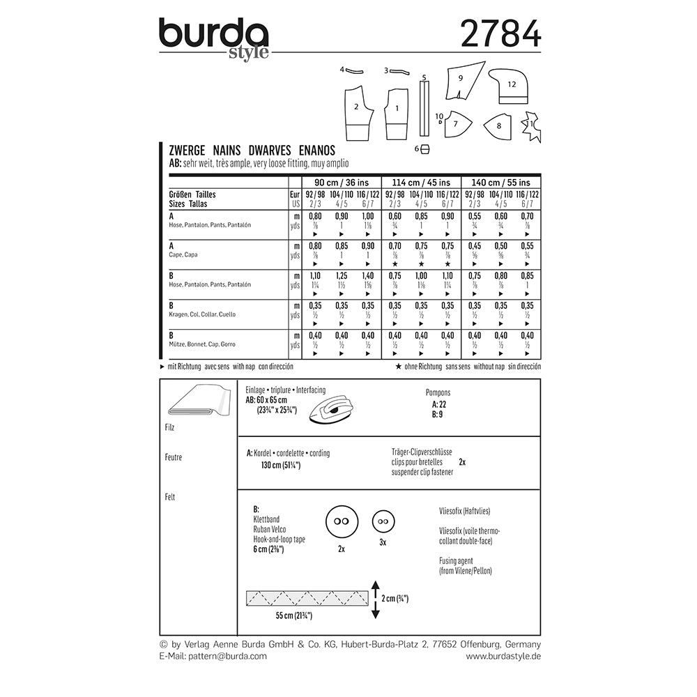BURDA Carnival Sewing Pattern Pattern 2784 Kids Costume Pattern Dwarves