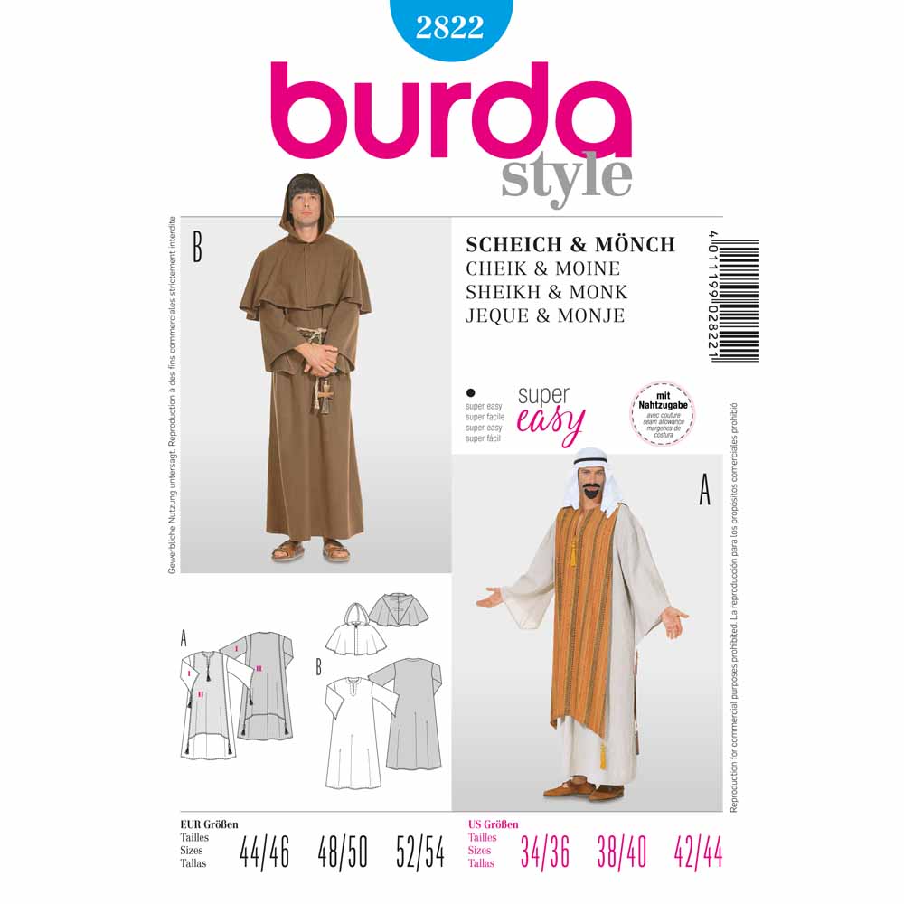 BURDA Carnival - 2822 Adult Costume Pattern - Sheikh & Monk