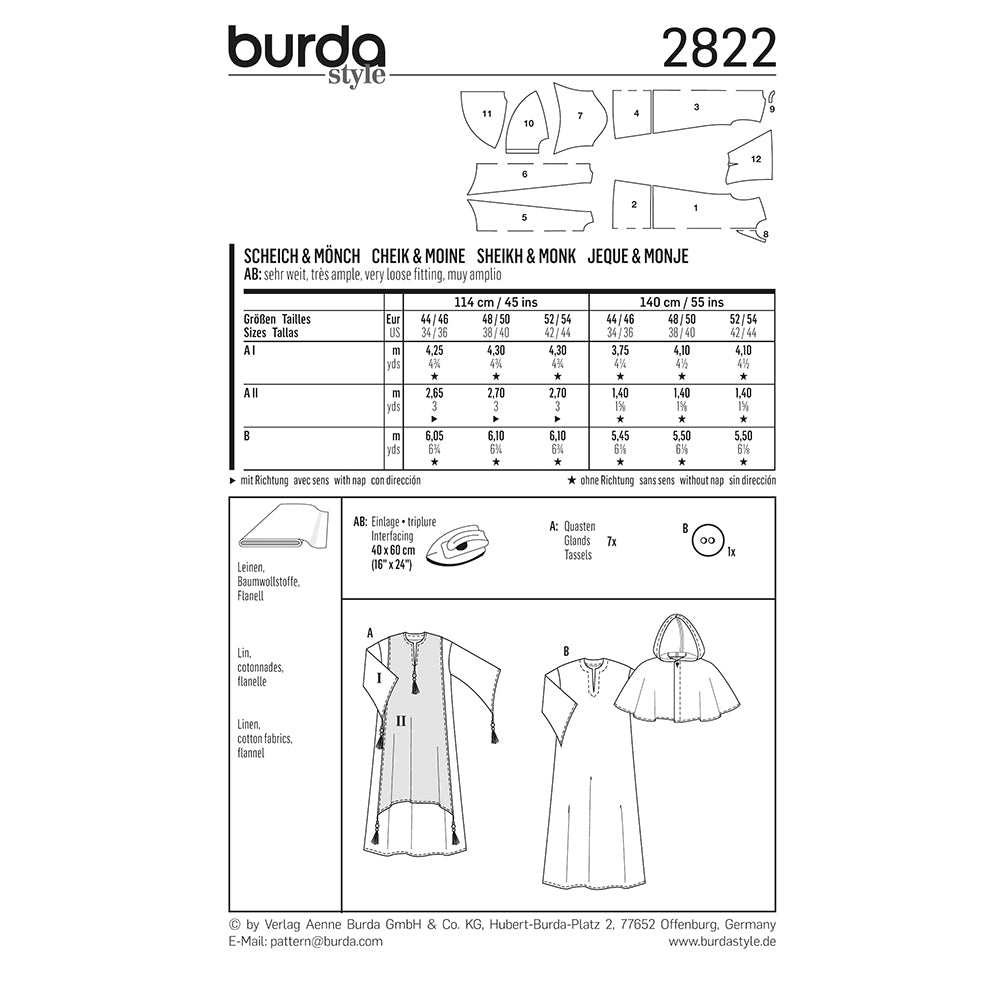 BURDA Carnival Sewing Pattern Pattern 2822 Adult Costume Pattern Sheikh & Monk