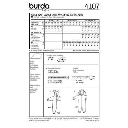 BURDA Carnival Sewing Pattern Pattern 4107 Kids Costume Pattern Mouse & Dog