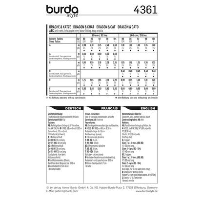 BURDA Carnival Sewing Pattern Pattern 4361 Kids Costume Pattern Dragon & Cat