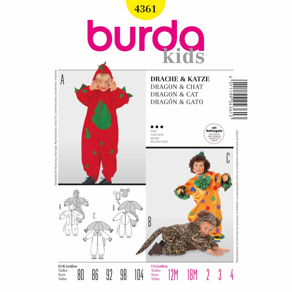 BURDA Carnival Sewing Pattern Pattern 4361 Kids Costume Pattern Dragon & Cat