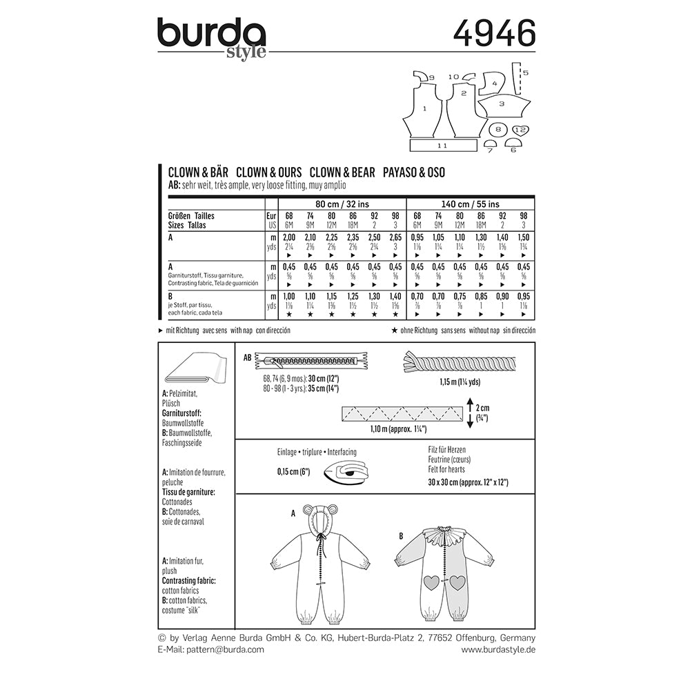 BURDA Carnival Sewing Pattern Pattern 4946 Kids Costume Pattern Clown & Bear
