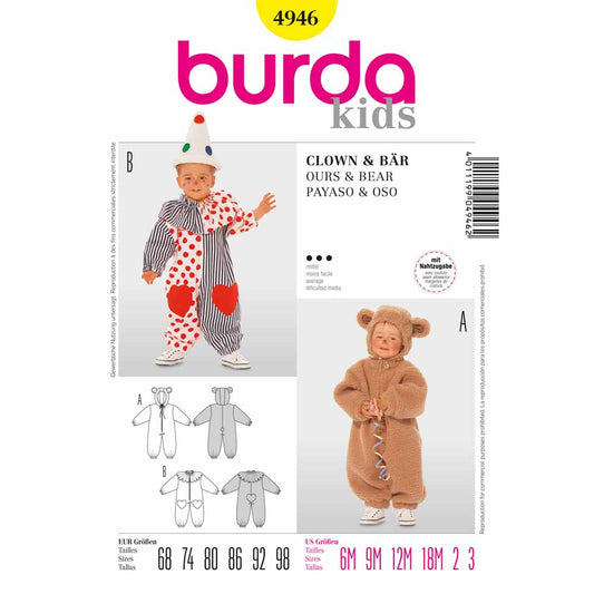 BURDA Carnival Sewing Pattern Pattern 4946 Kids Costume Pattern Clown & Bear