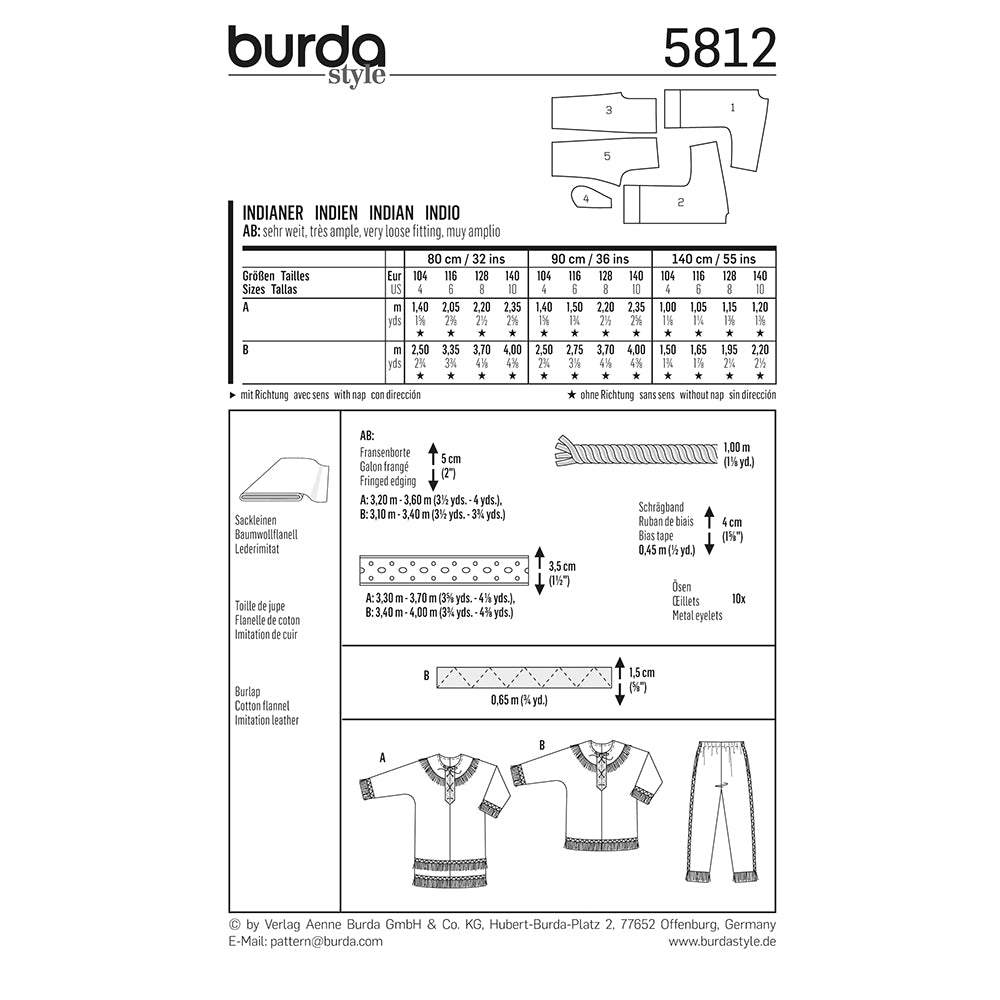 BURDA Carnival Sewing Pattern Pattern 5812 Kids Costume Pattern Indian