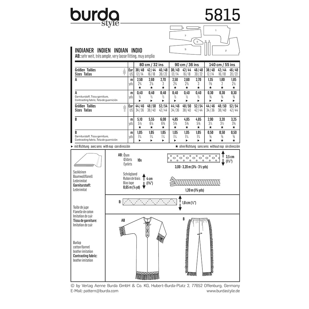 BURDA Carnival Sewing Pattern Pattern 5815 Adult Costume Pattern Indian