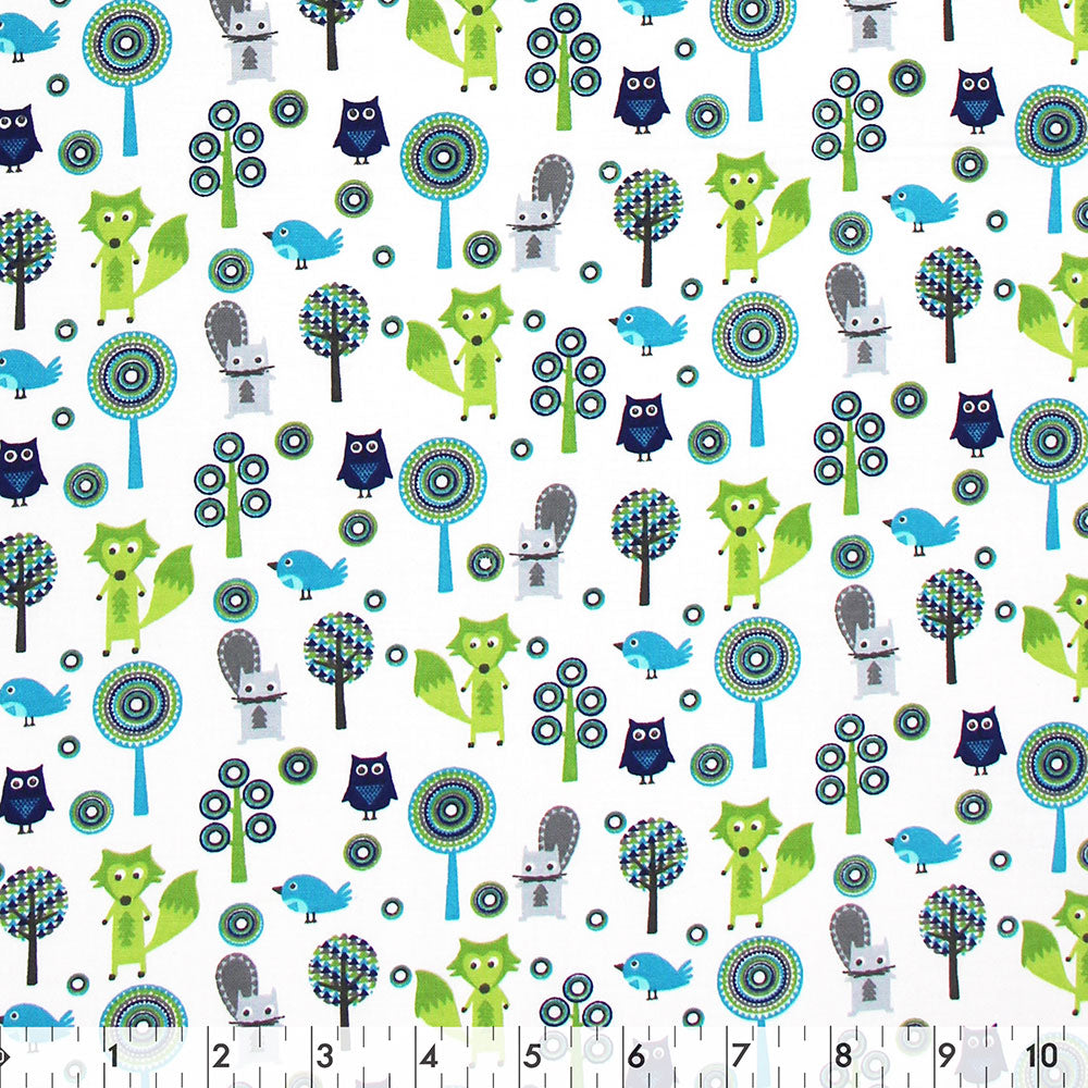 FABRIC CREATIONS Cotton Fabric Bolt — 42" × 8 yd — White with Lime & Aqua Forest Friends