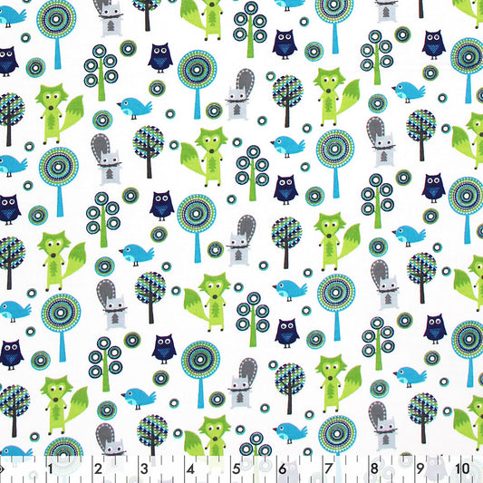 FABRIC CREATIONS Cotton Fabric Bolt — 42" × 8 yd — White with Lime & Aqua Forest Friends