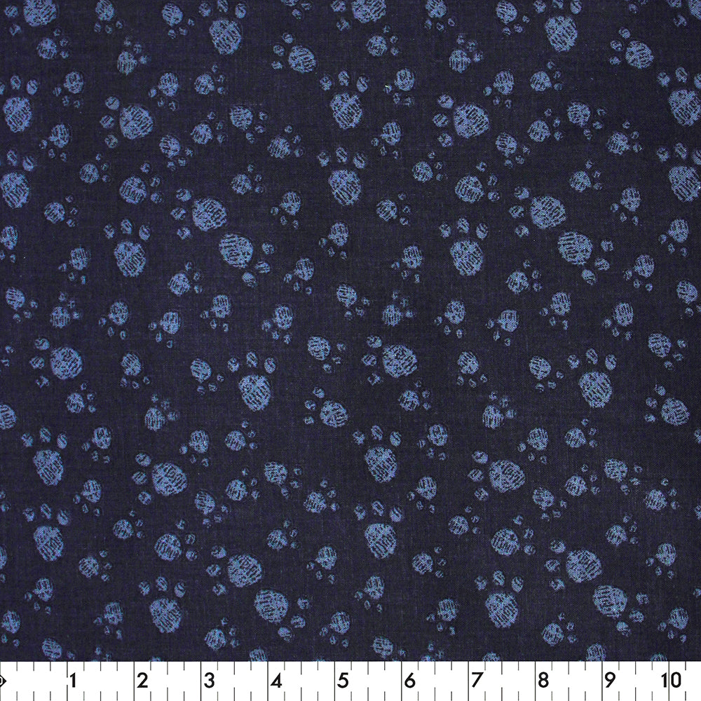 FABRIC CREATIONS 42in x 8yd Cotton Fabric Bolt - Navy Blue with Light Blue Paw Prints