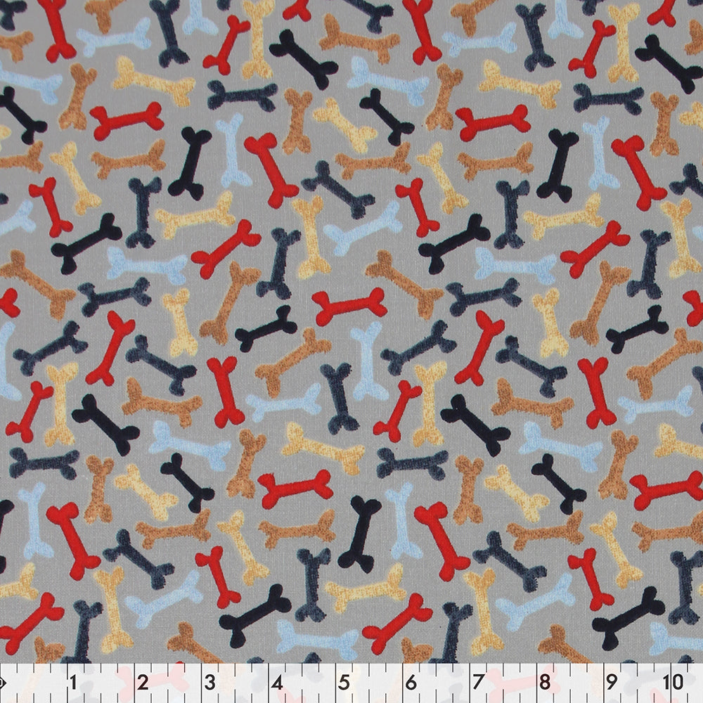 FABRIC CREATIONS 42in x 8yd Cotton Fabric Bolt - Grey with Red, Blue and Brown Dog Bones