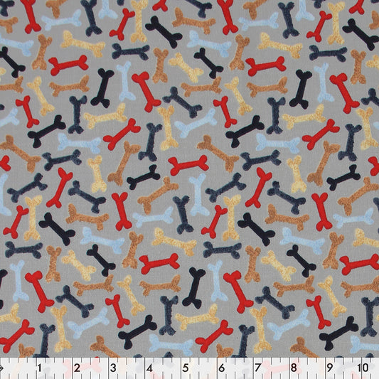 FABRIC CREATIONS 42in x 8yd Cotton Fabric Bolt - Grey with Red, Blue and Brown Dog Bones