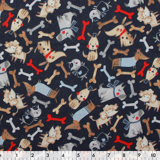 FABRIC CREATIONS 42&Prime; x 8yd Cotton Fabric Bolt - Navy Blue with Dressed Up Dogs and Bones