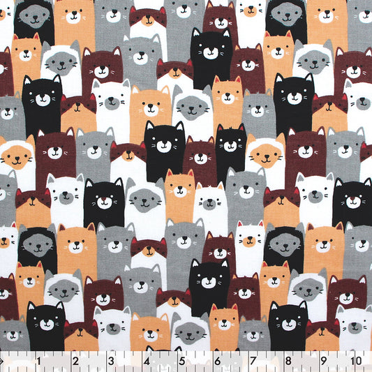 FABRIC CREATIONS Cotton Fabric Bolt — 42" × 8 yd — Brown/Beige/White/Black Crowd of Cats