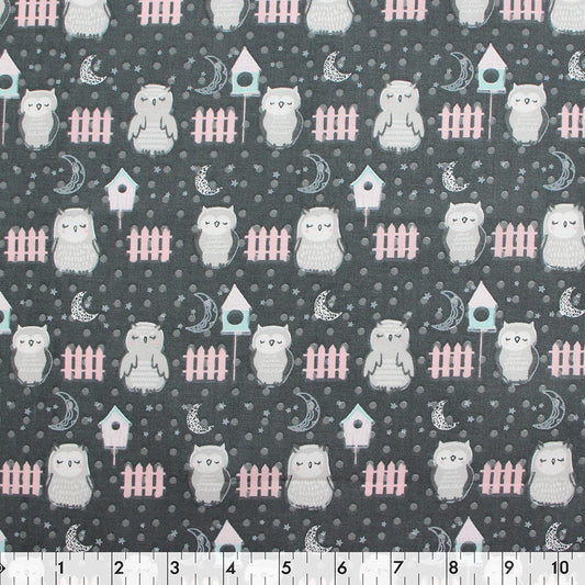 FABRIC CREATIONS 42in x 8yd Cotton Fabric Bolt - Dark Grey with Owls and Pink Fences