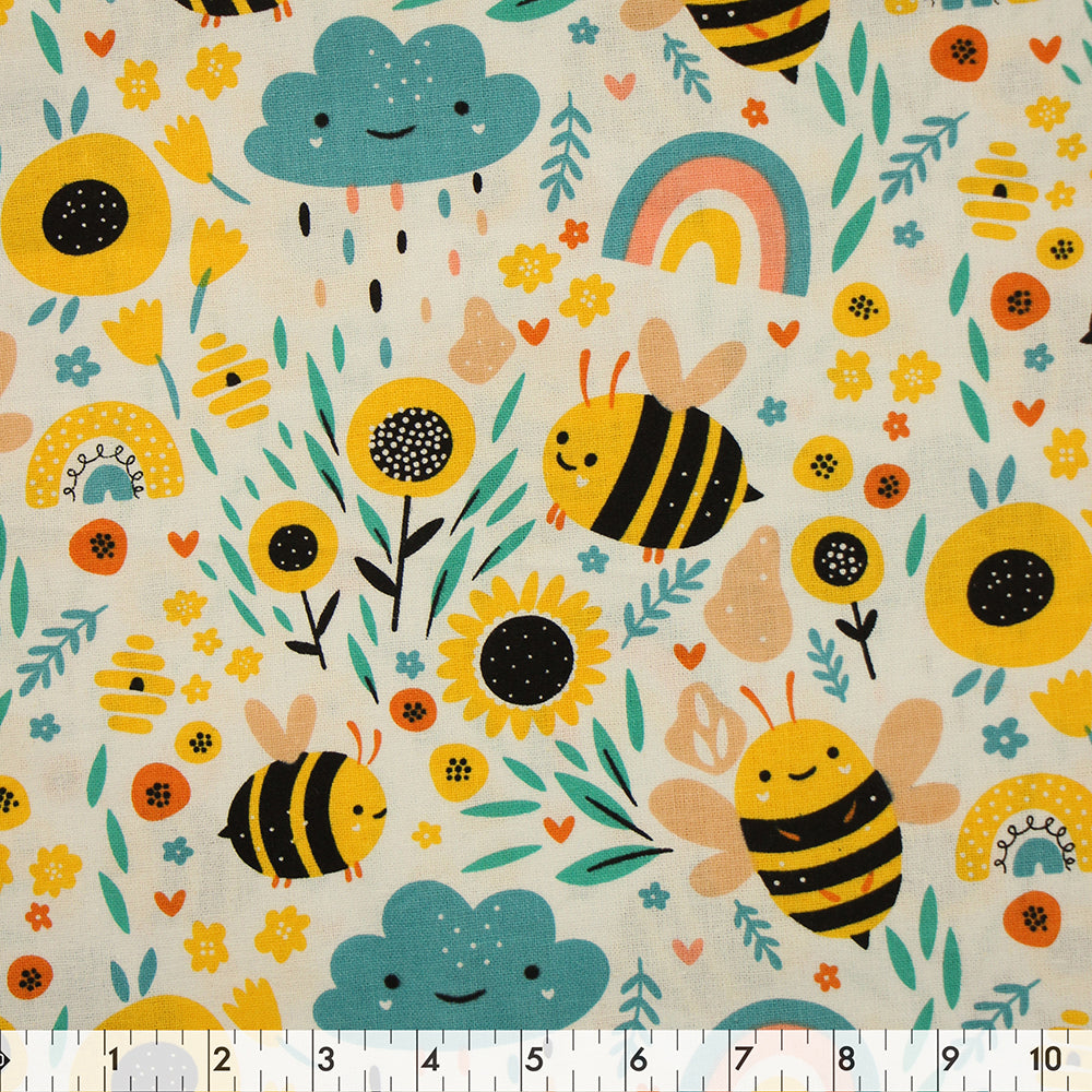 FABRIC CREATIONS 42in x 8yd Cotton Fabric Bolt - White Little Bee over Rainbow