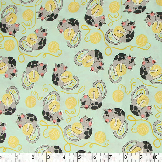 FABRIC CREATIONS 42in x 8yd Cotton Fabric Bolt - Turquoise Cats on Yarn Balls