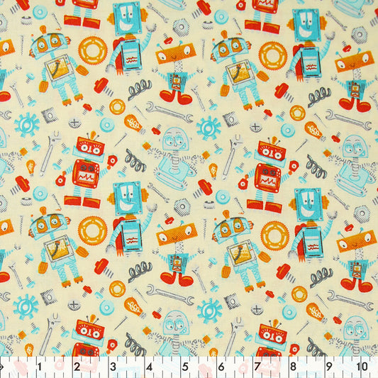 FABRIC CREATIONS 42" × 8 yd Cotton Fabric Bolt — Beige with Blue and Red Robots
