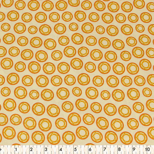 FABRIC CREATIONS 42" × 8 yd Cotton Fabric Bolt — Tan with Amber and Red Gears