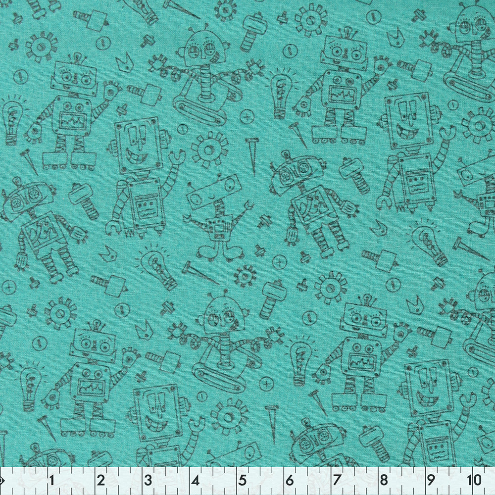 FABRIC CREATIONS 42" × 8 yd Cotton Fabric Bolt — Teal with Black Robots