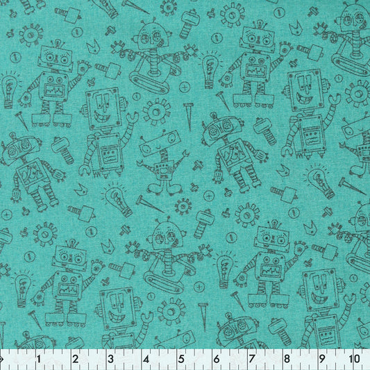 FABRIC CREATIONS 42" × 8 yd Cotton Fabric Bolt — Teal with Black Robots