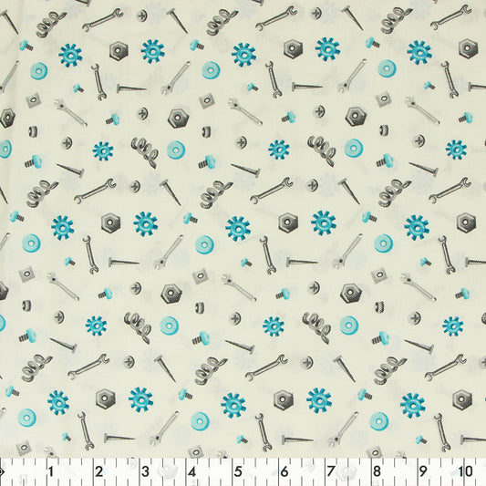 FABRIC CREATIONS 42" × 8 yd Cotton Fabric Bolt — White with Blue & Grey Mechanical Parts