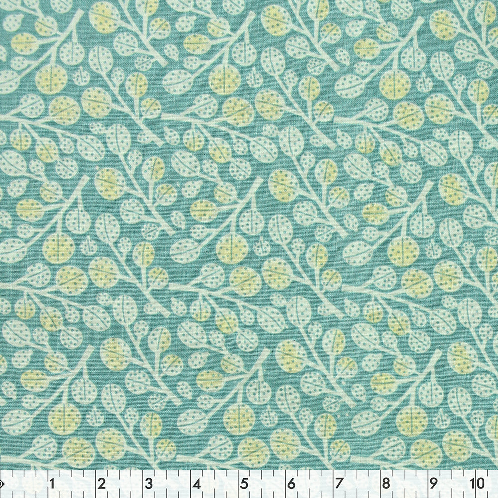FABRIC CREATIONS 42" × 8 yd Cotton Fabric Bolt — Teal with White and Yellow Leaves
