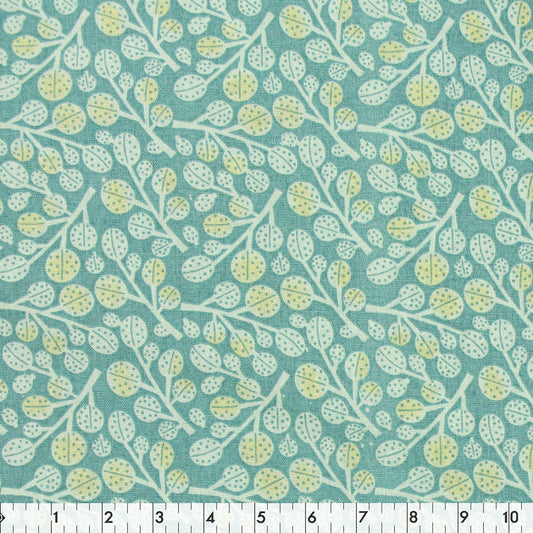 FABRIC CREATIONS 42" × 8 yd Cotton Fabric Bolt — Teal with White and Yellow Leaves