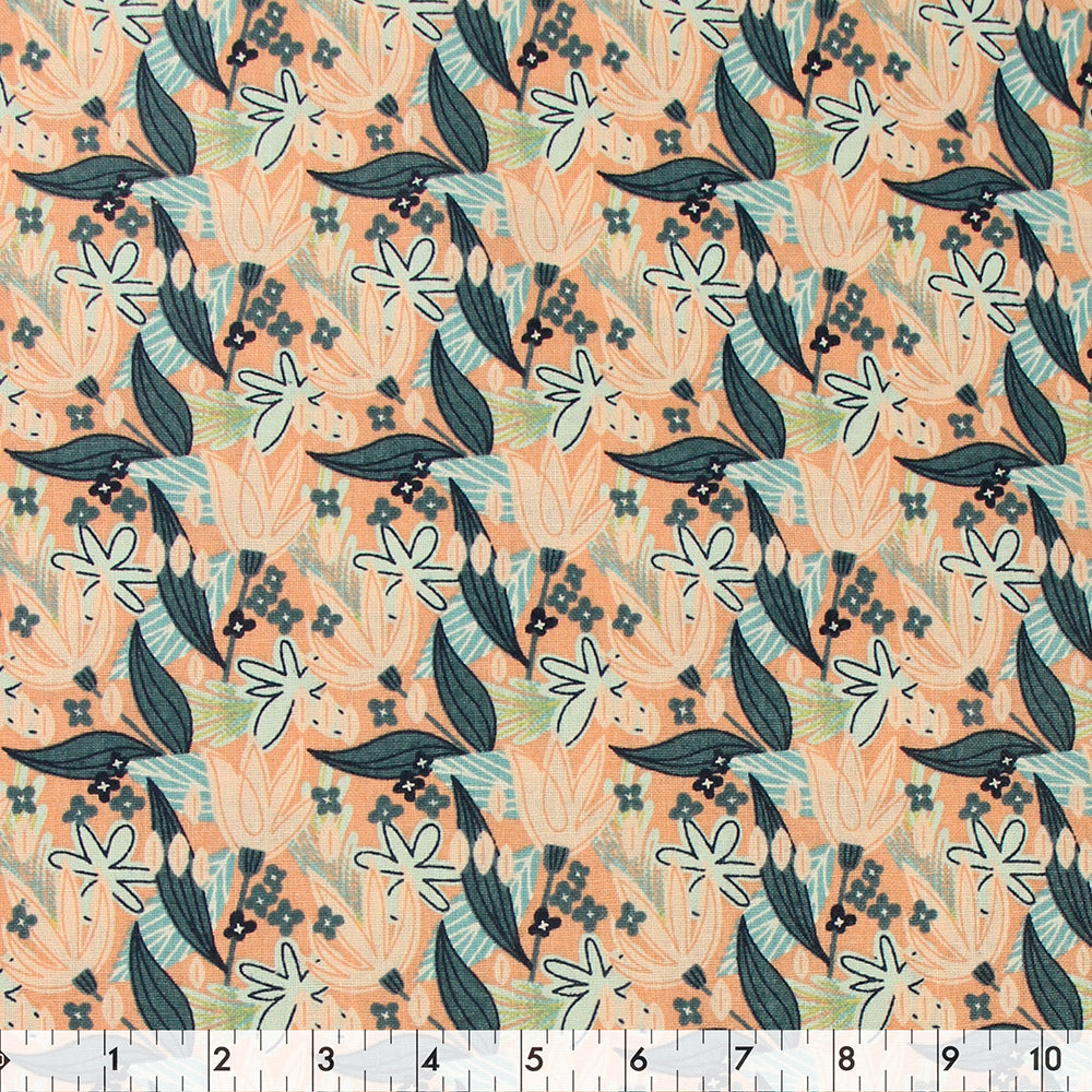 FABRIC CREATIONS 42" × 8 yd Cotton Fabric Bolt — Peach with Pale and Navy Flowers