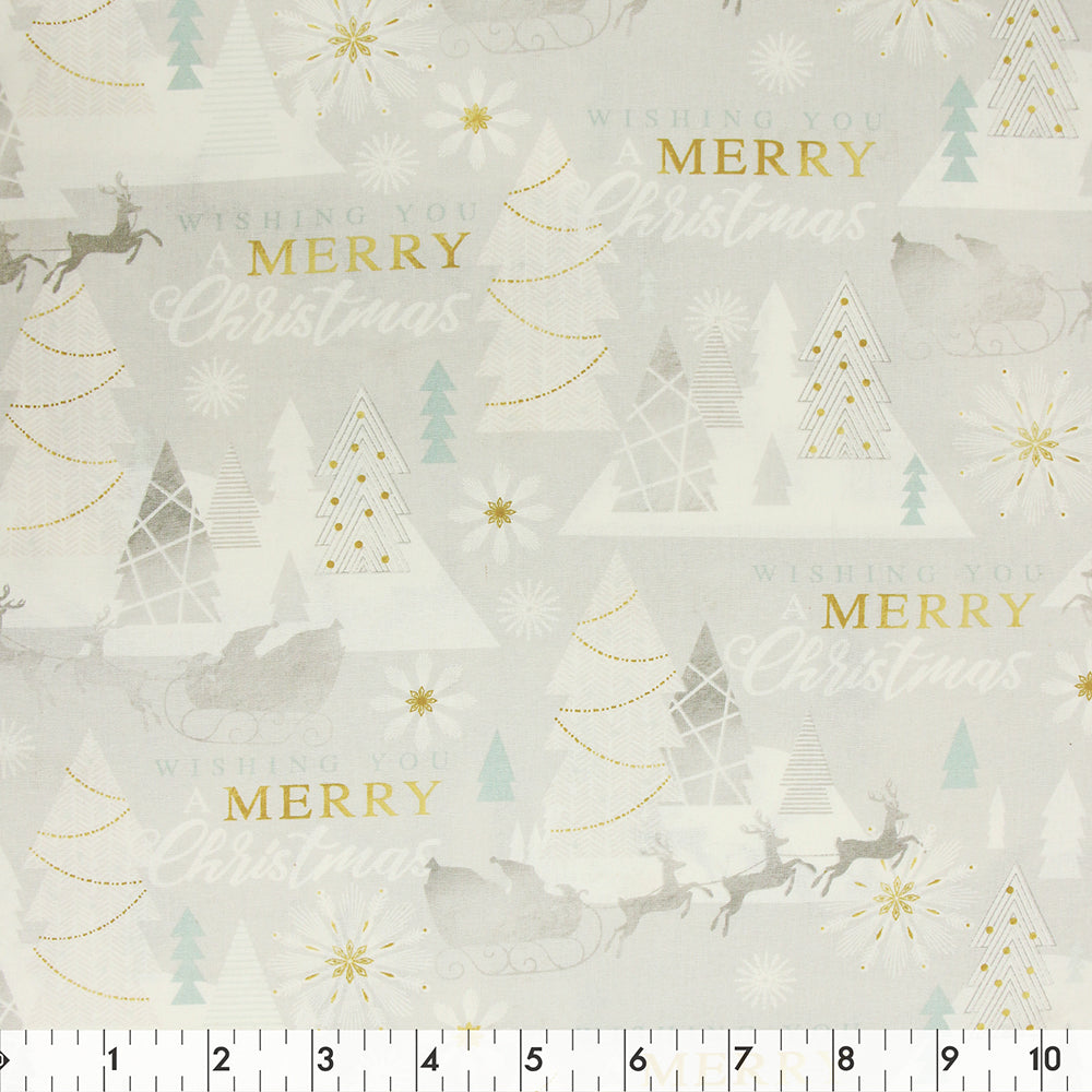 FABRIC CREATIONS 42" × 8 yd Cotton Fabric Bolt — Grey Wishing You A Merry Christmas