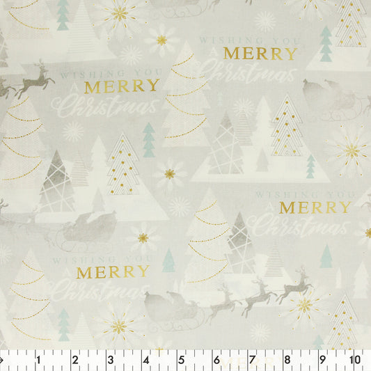 FABRIC CREATIONS 42" × 8 yd Cotton Fabric Bolt — Grey Wishing You A Merry Christmas