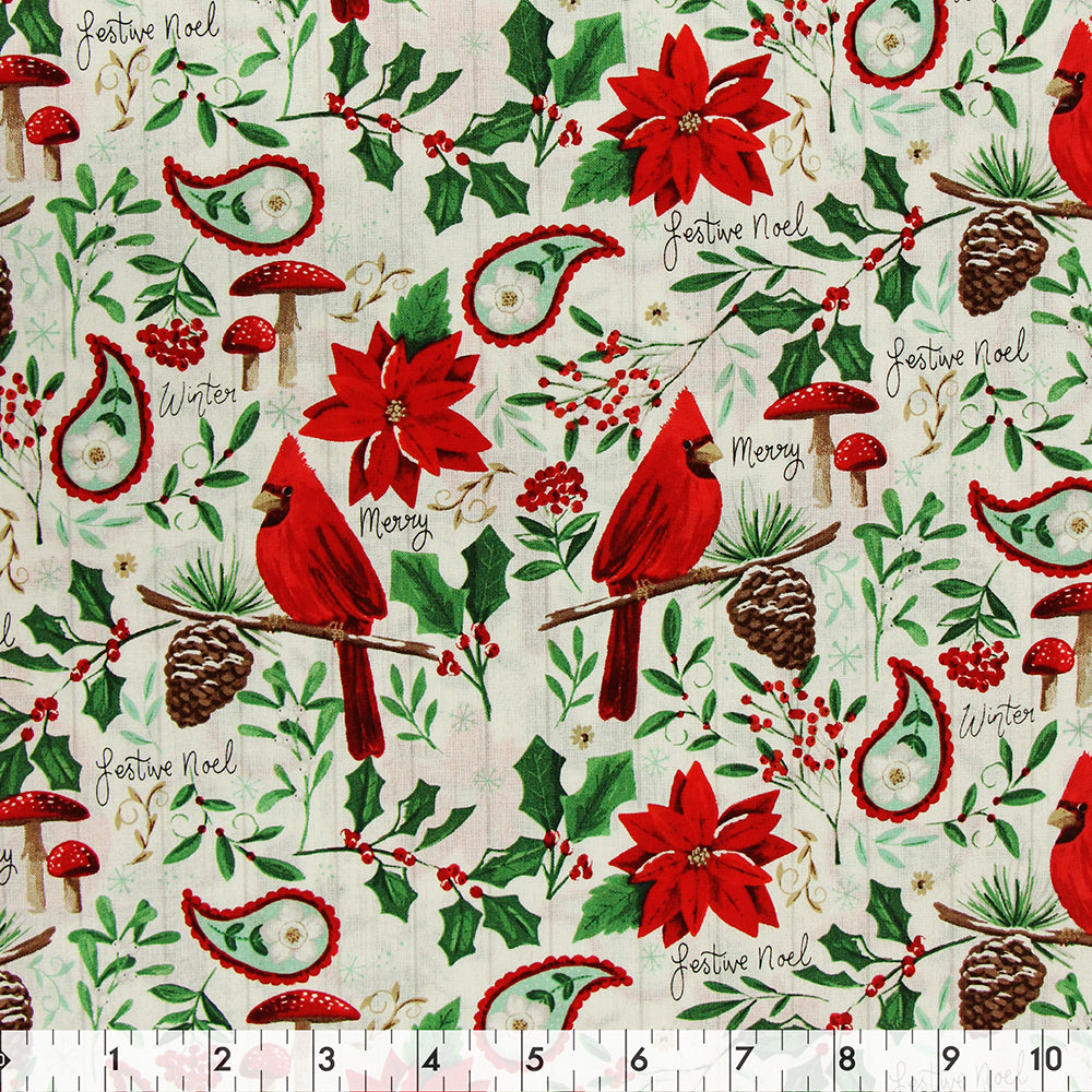 FABRIC CREATIONS 42" × 8 yd Cotton Fabric Bolt — White Cardinal Christmas