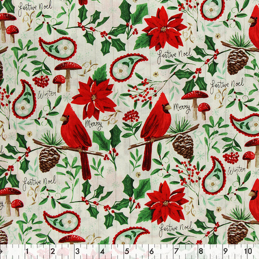 FABRIC CREATIONS 42" × 8 yd Cotton Fabric Bolt — White Cardinal Christmas
