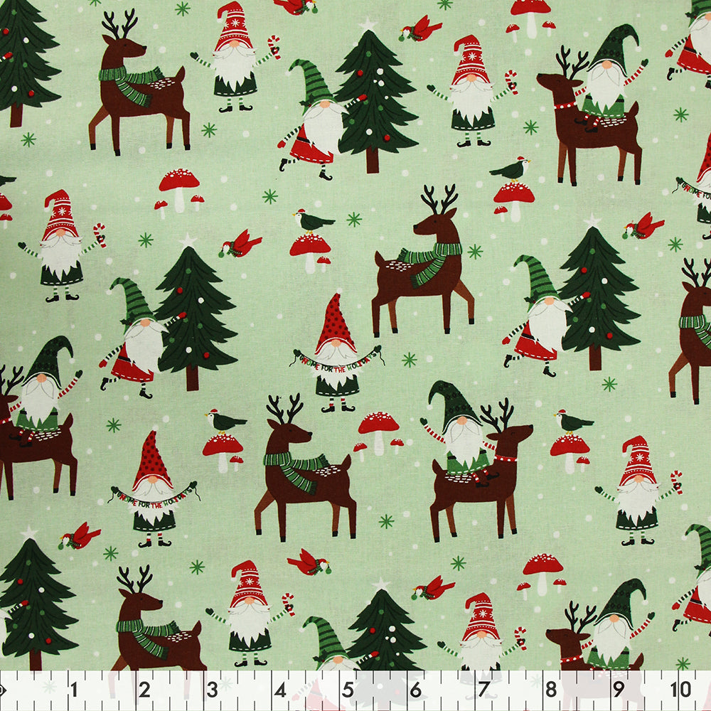 FABRIC CREATIONS 42" × 8 yd Cotton Fabric Bolt — Light Green Gnome For The Holiday