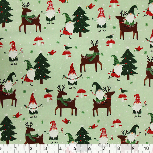 FABRIC CREATIONS 42" × 8 yd Cotton Fabric Bolt — Light Green Gnome For The Holiday