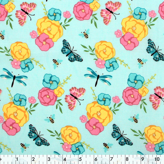FABRIC CREATIONS 42" × 8 yd Cotton Fabric Bolt — Turquoise Butterfly Garden