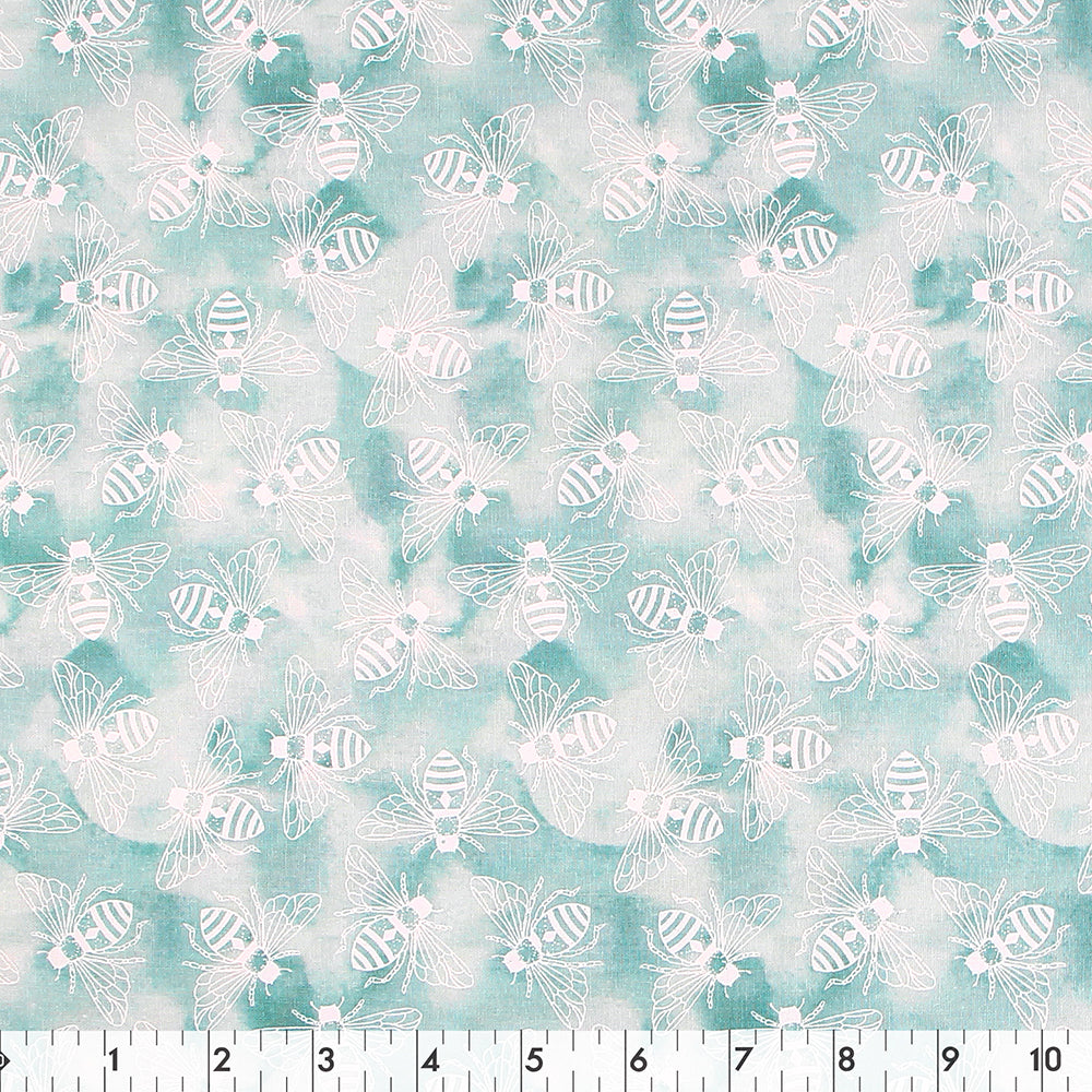 FABRIC CREATIONS 42" × 8 yd Cotton Fabric Bolt — Blue & White Smoke with Fine White Bee Outlines