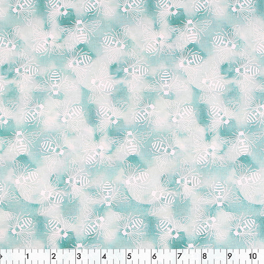 FABRIC CREATIONS 42" × 8 yd Cotton Fabric Bolt — Blue & White Smoke with Fine White Bee Outlines