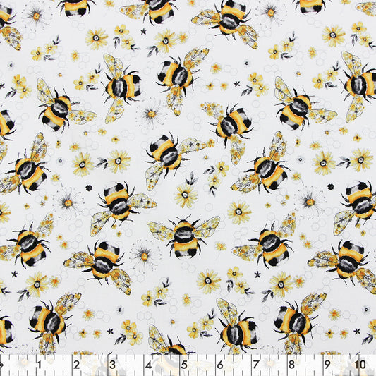 FABRIC CREATIONS 42in x 8yd Cotton Fabric Bolt - White Floral Bee