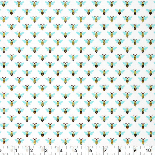 FABRIC CREATIONS Cotton Fabric Bolt — 42" × 8 yd — White with Large Metallic Bees & Aqua Wings