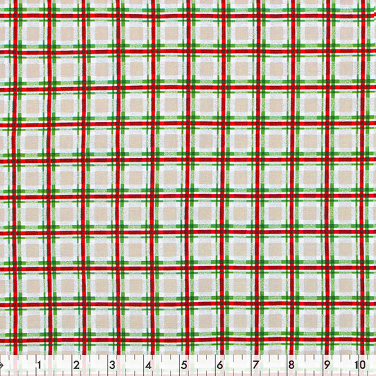 FABRIC CREATIONS Cotton Fabric Bolt — 42" × 8 yd — Tan with Red & Green Christmas Plaid