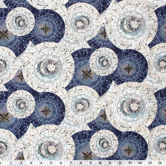 FABRIC CREATIONS 42in x 8yd Cotton Fabric Bolt - Dark Blue Night Sky with Celestial Circles
