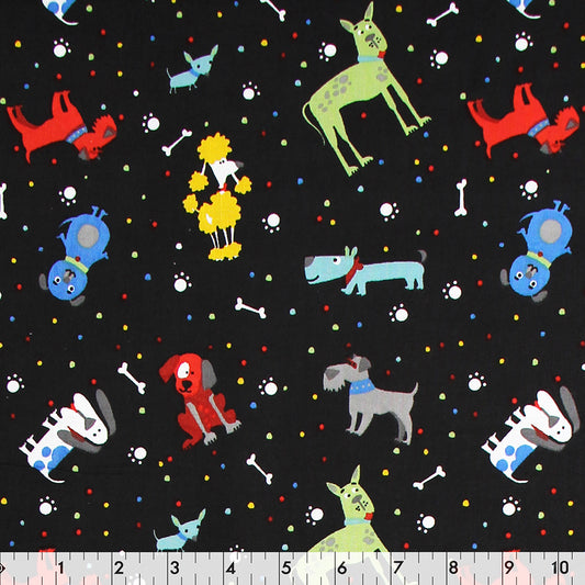 FABRIC CREATIONS Cotton Fabric Bolt — 42" × 8 yd — Black with Polka Dots & Dogs