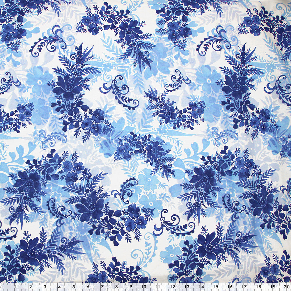 FABRIC CREATIONS 42" × 8 yd Cotton Fabric Bolt — White with Bright Blue Floral