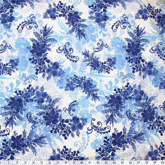 FABRIC CREATIONS 42" × 8 yd Cotton Fabric Bolt — White with Bright Blue Floral