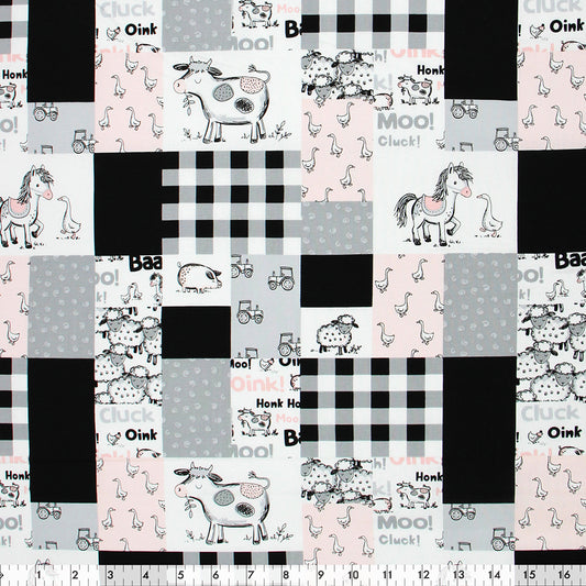 FABRIC CREATIONS 42&Prime; x 8yd Cotton Fabric Bolt - Beige with Patchwork Farm Animals