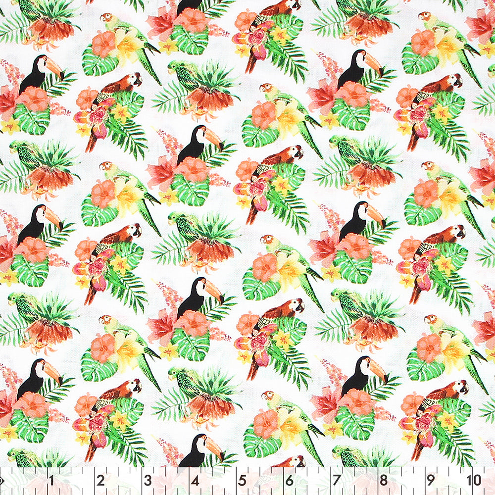 FABRIC CREATIONS 42&Prime; x 8yd Cotton Fabric Bolt - White with Flowers, Toucans and Parrots