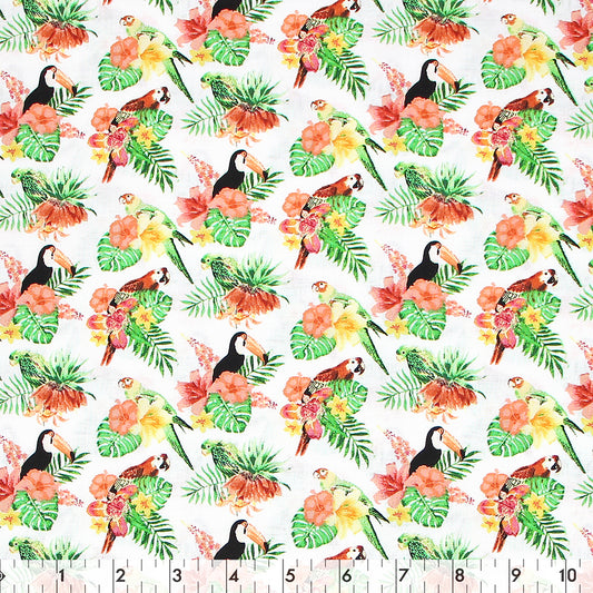 FABRIC CREATIONS Cotton Print Fabric Bolt 42 in × 8 yd (7.3 m) White With Flowers, Toucans & Parrots